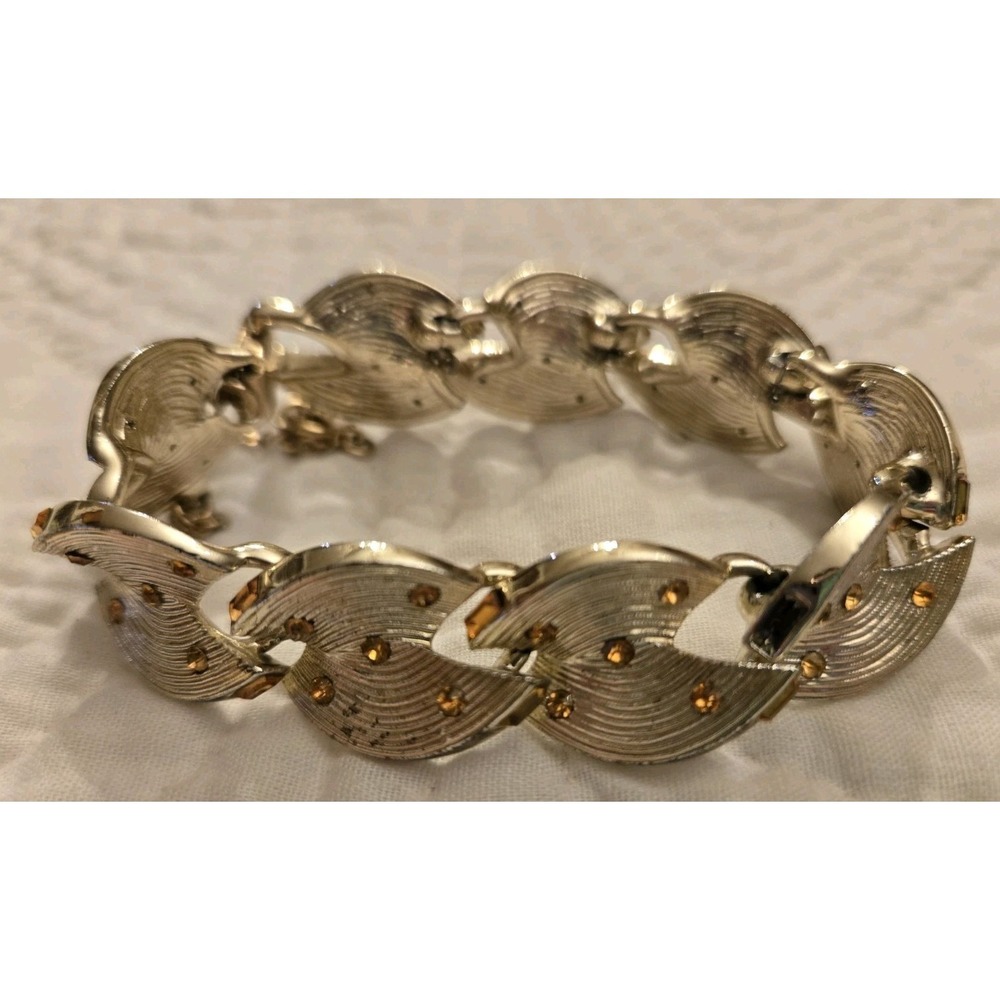 Vintage Coro Mid-century Design Bracelet Topaz ? Stones Costume Link Signed